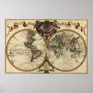Poster Antique World Map by Guillaume de L'Isle, 1720
