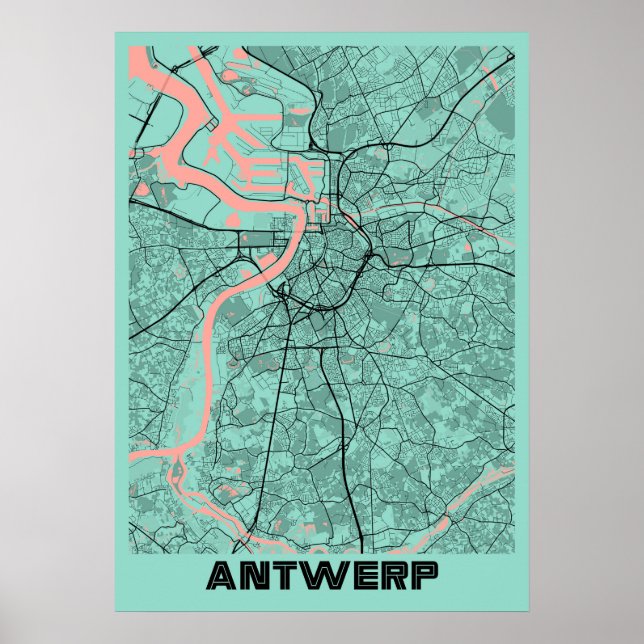 Poster Anvers - Belgique Plan de la ville de Peony (Devant)