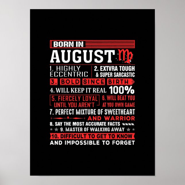 Poster Août Cadeaux Anniversaires - Né En Août Virgo (Devant)