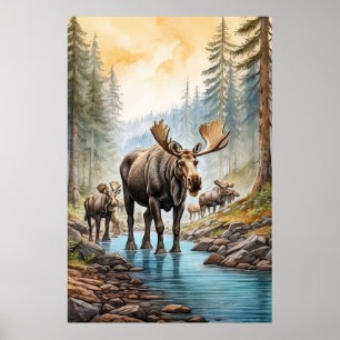 Poster *~* AP49 MOOSE Herd Stream Nature Forest
