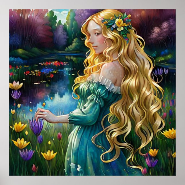 Poster *~ AP56 Fleurs d'étang de cascade de femme blonde  (Devant)