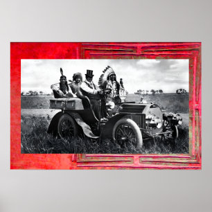 POSTER APACHES ET GERONIMO CONDUISANT UNE VOITURE À MOTEU