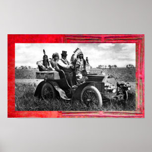 POSTER APACHES ET GERONIMO CONDUISANT UNE VOITURE À MOTEU