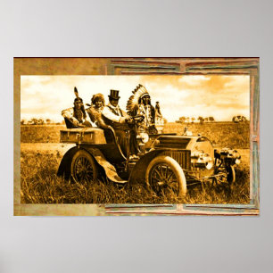 POSTER APACHES ET GERONIMO CONDUISANT UNE VOITURE À MOTEU