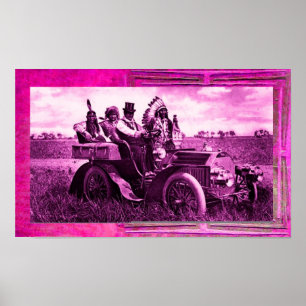 POSTER APACHES ET GERONIMO CONDUISANT UNE VOITURE À MOTEU