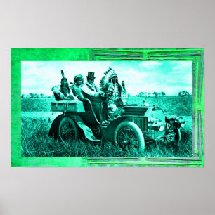 POSTER APACHES ET GERONIMO CONDUISANT UNE VOITURE À MOTEU