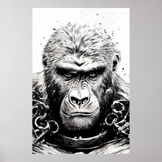 Poster Ape Monkey Wild Nature Illustration Line Art épiqu (Devant)