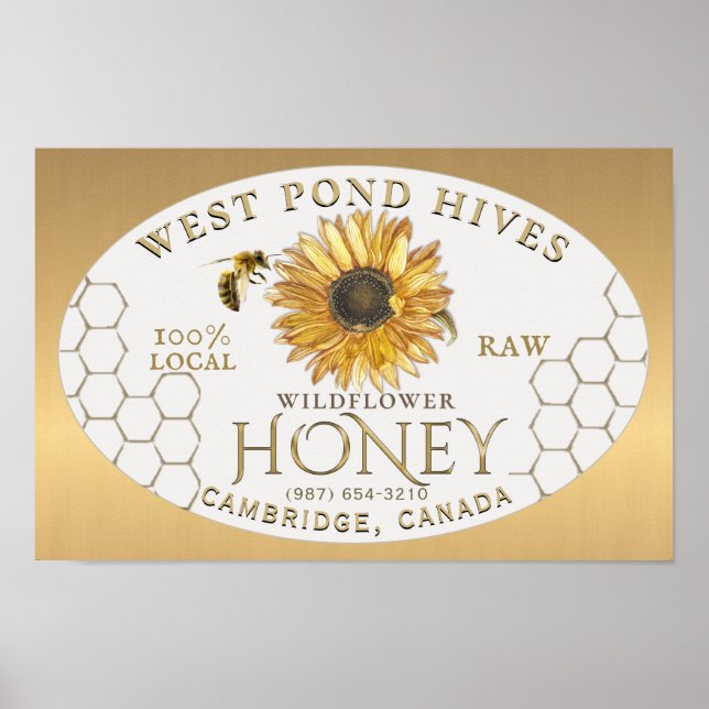 Poster Apiary Sunflower Bee Honeycomb Gold Gradient (Devant)