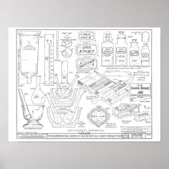 Poster Apothecary outils bouteilles illustration art vint (Devant)