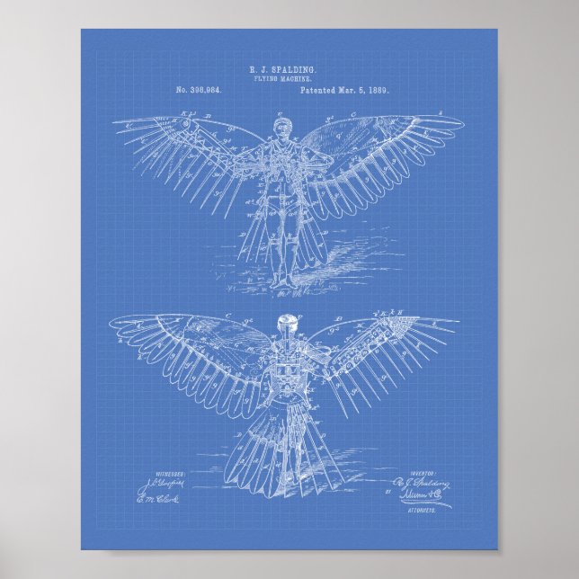 Poster Appareil volant 1889 Patent Art - Blueprint (Devant)