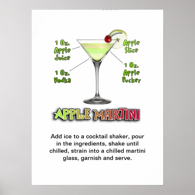 Poster Appletini - Apple Martini Cocktail Recette 18"x24" (Devant)