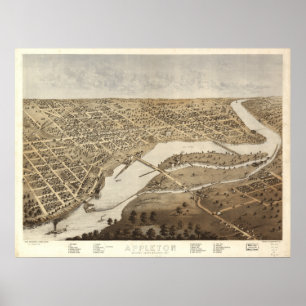 Poster Appleton Wisconsin 1887 Antique carte panoramique