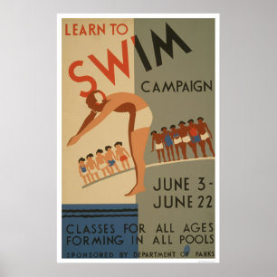 Poster Apprenez à nager NYC WPA 1940