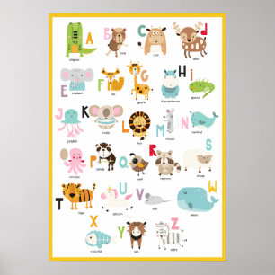 Poster Apprenez les ABC   Amusant Orange Jaune Alphabet A