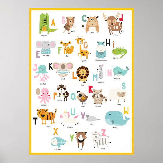 Poster Apprenez les ABC | Amusant Orange Jaune Alphabet A (Devant)