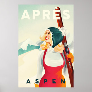 Poster "Apres Ski Aspen" Cool Pinup Girl Skiing Vintage