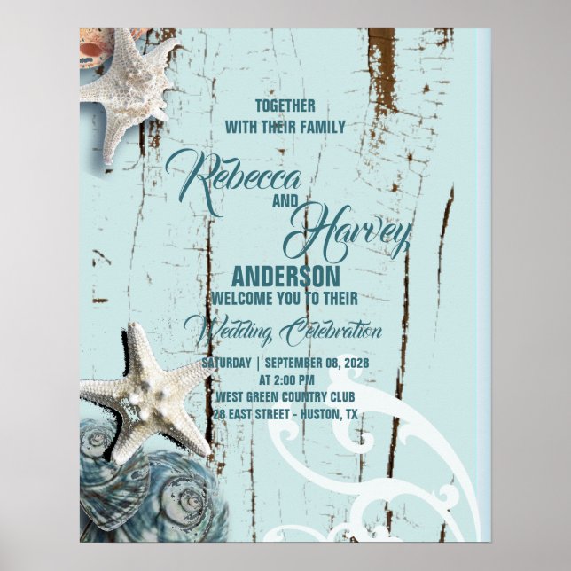 Poster aqua bleu coquillage plage accueil mariage (Devant)