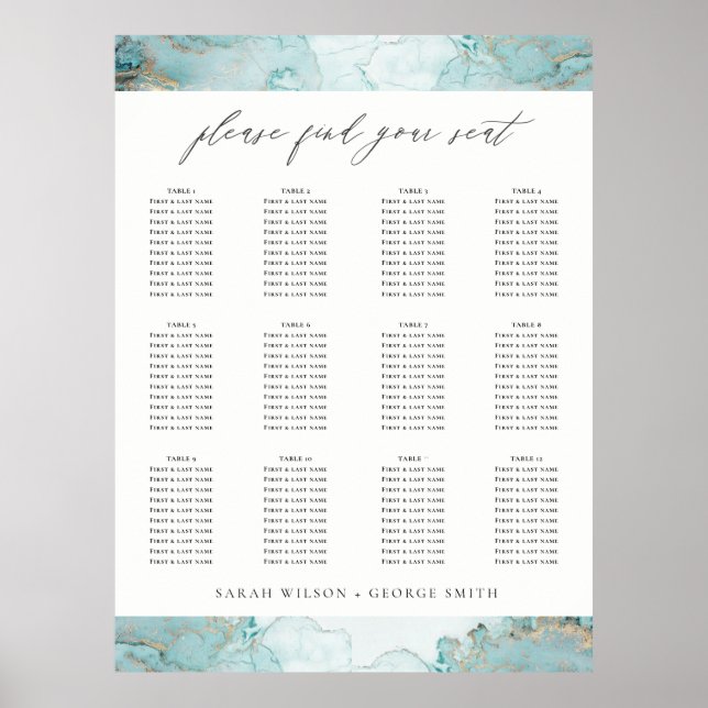 POSTER AQUA DUSKY BLUE GOLD AGATE MARIAGE SEAAT CHART (Devant)