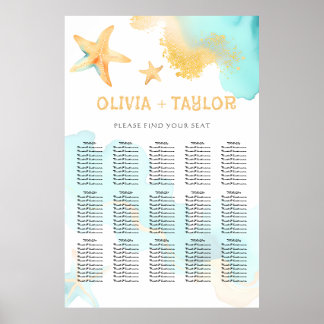 Poster Aqua et Or Aquarelle Mariage Plage Étoile de Mer