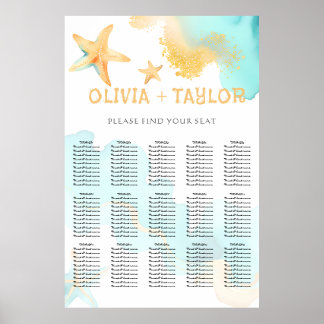 Poster Aqua Gold Watercolor Beachy Starfish Wedding