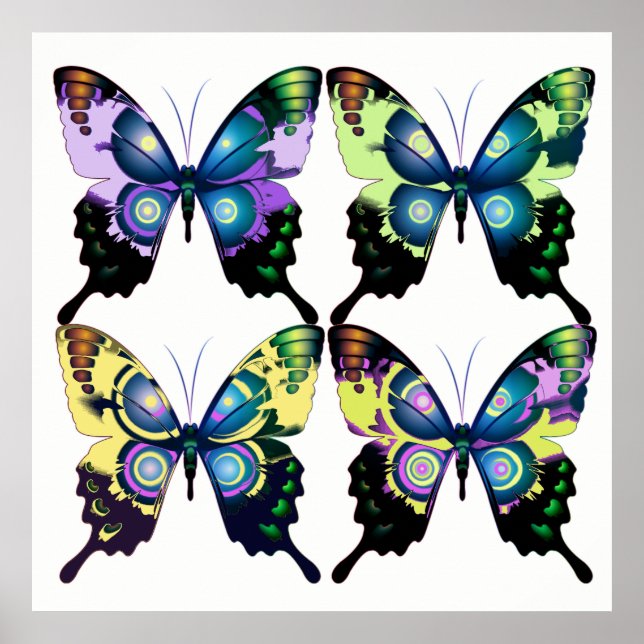 Poster Aqua Pink Yellow - Papillons Élégants (Devant)