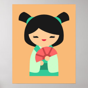 Poster aqua rose Kokeshi poupées japonaises