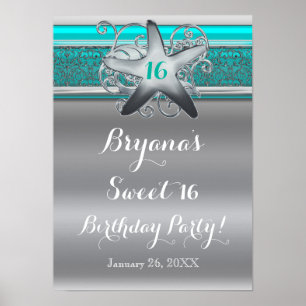 Poster Aqua & Silver Starfish Beach Sweet 16 Bannière