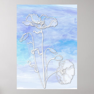 Poster Aquarelle Abstraite bleue et pavots