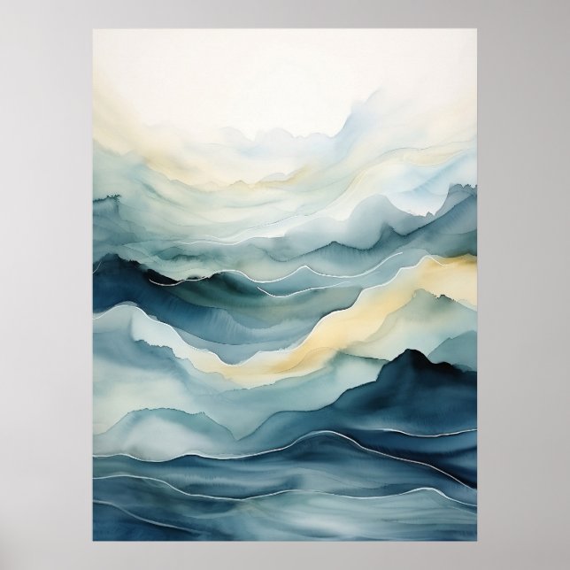 Poster Aquarelle abstraite, Mer, Vagues, Lignes (Devant)