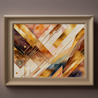 Poster Aquarelle Abstraite peinture géométrique Or 4:3