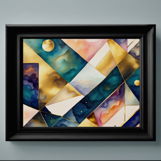 Poster Aquarelle Abstraite peinture géométrique Or 4:3
