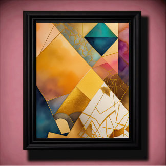 Poster Aquarelle Abstraite peinture géométrique Or 4:5