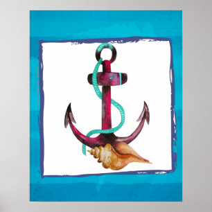 Poster Aquarelle Ancre en rose et vert