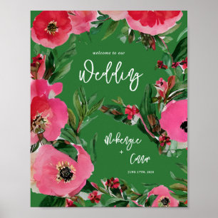 Poster Aquarelle Anemone Vert Mariage Bienvenue