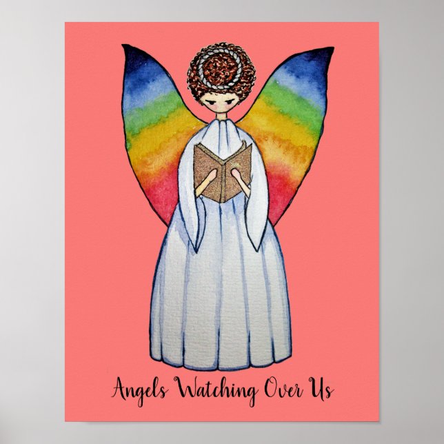 Poster Aquarelle Angel Avec Arcs-En-Ciel Lire Un Livre (Devant)