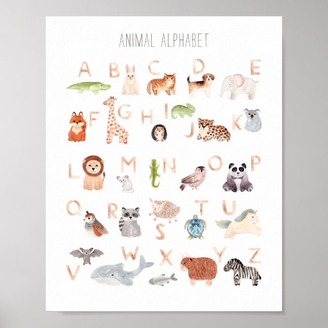 Poster Aquarelle animal abc enfants alphabet. Salle de so (Devant)