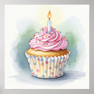 Poster Aquarelle Anniversaire Cupcake Print