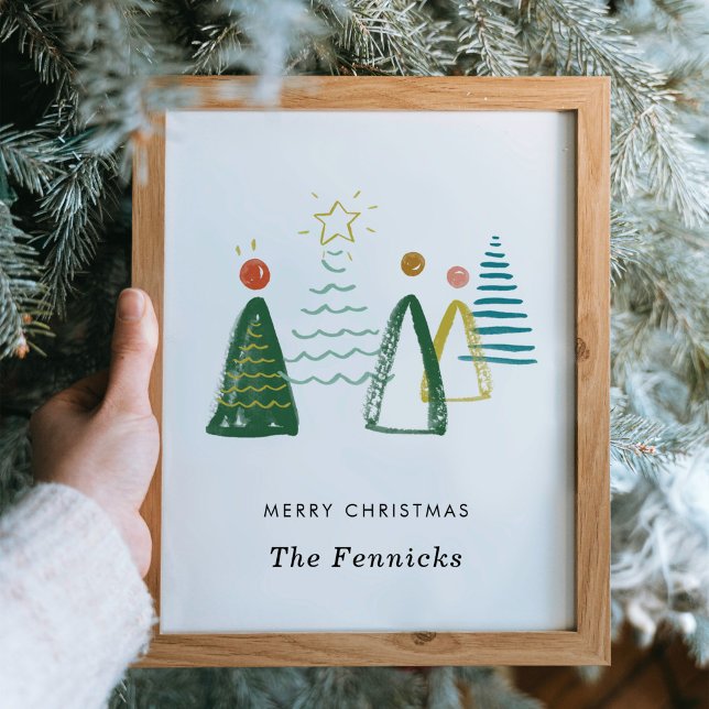 Poster Aquarelle Arbres de Noël Peinture murale personnal (Watercolor Christmas trees personalized festive art print poster.)