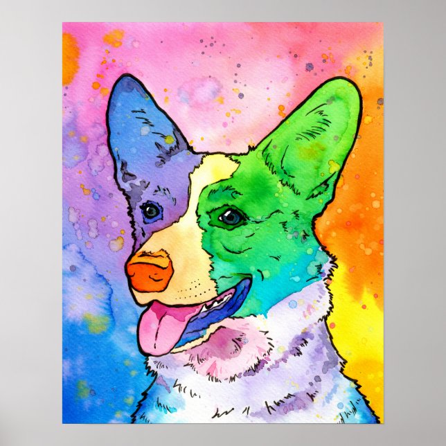 Poster Aquarelle arc-en-ciel adorable Corgi (Devant)