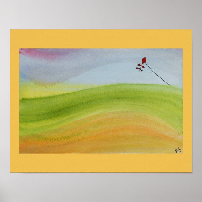 Poster Aquarelle arc-en-ciel paysage avec cerf-volant (Devant)