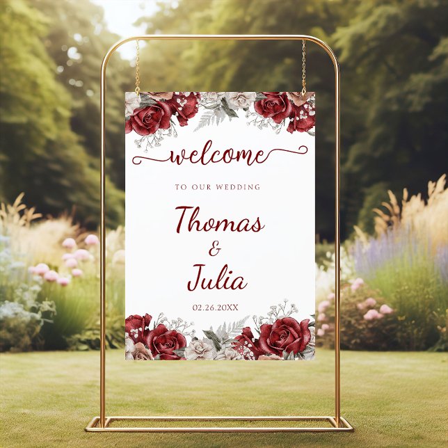 Poster Aquarelle argentée Bourgogne Mariage Floral Bienve (Burgundy Silver Watercolor Floral Wedding Welcome Poster)