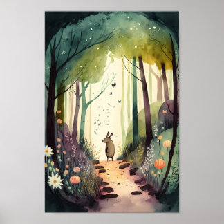 Poster Aquarelle art animal mignon dans la forêt magique