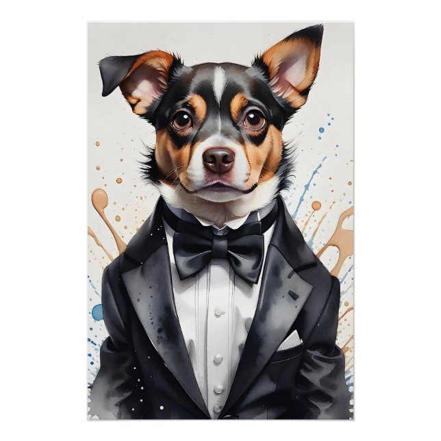 Poster Aquarelle Art mignon chien Tuxedo Black Bow Cravat (Devant)