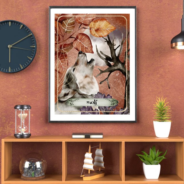 Poster Aquarelle Art Wolf hurler à la Pleine lune Nature (Créateur téléchargé)