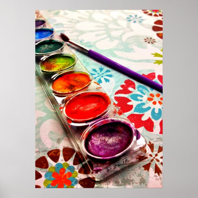 Poster Aquarelle Artiste Peinture Bac et pinceau sur Fleu (Devant)
