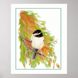 Poster Aquarelle Automne Chickadee Oiseau Feuilles d'auto