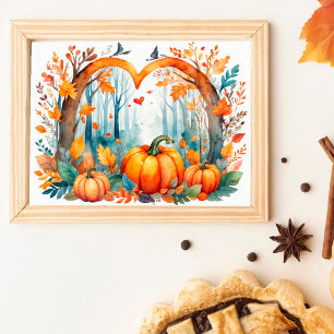 Poster Aquarelle automne forêt citrouille au coeur