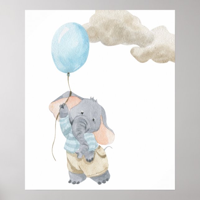 Poster Aquarelle Baby Room Nursery Cute Elephant Blue (Devant)