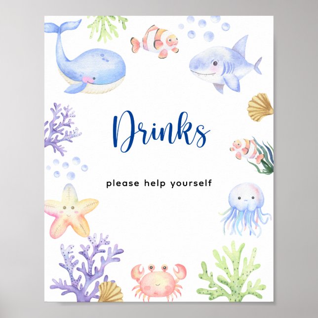 Poster Aquarelle baby shower d'animaux marins - Boissons (Devant)
