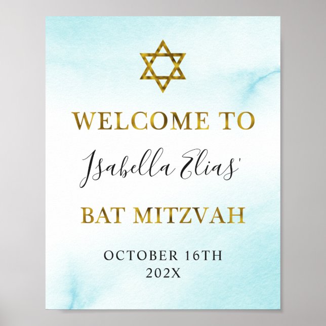 Poster Aquarelle bat mitzvah Pastel Blue Gold Welcome (Devant)